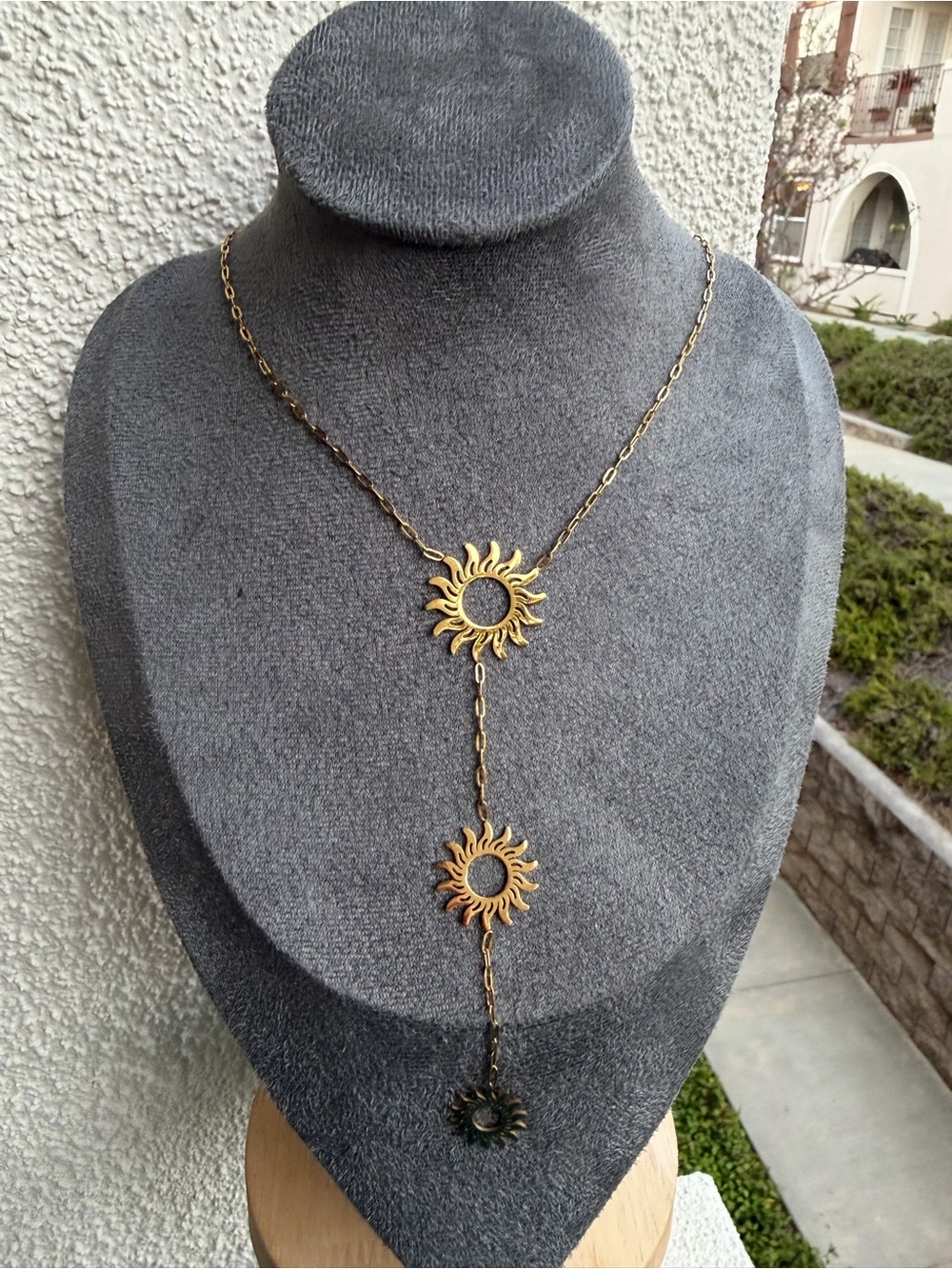 Gold Sun Lariat Necklace - Drop Sunburst  Necklace - Picture 2 of 3